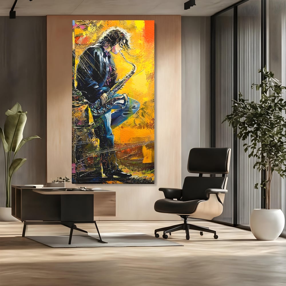 Tablou canvas cu tablou canvas cu muzician cantand la saxofon, fara rama, pe sasiu de lemn, pe perete intr-un birou